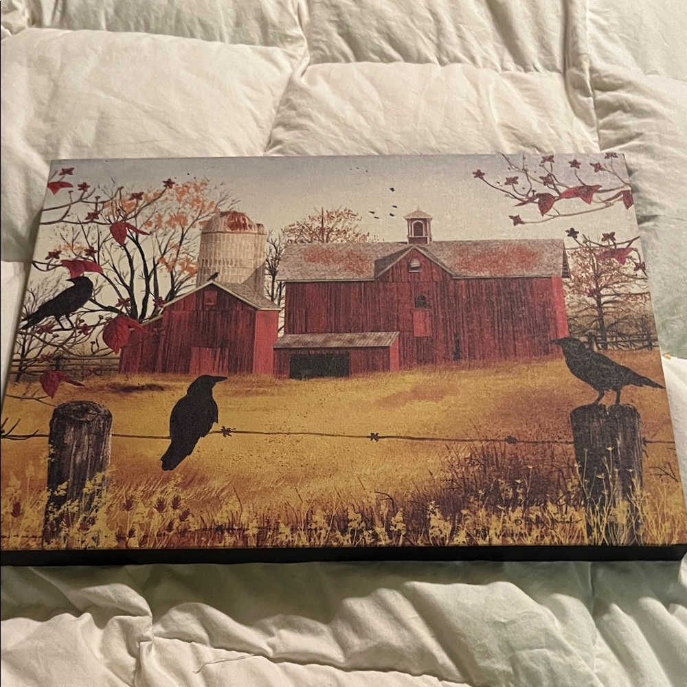 Rustic Red Barn Canvas Wall Art with Crows